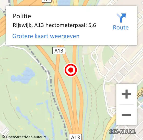 Locatie op kaart van de 112 melding: Politie Rijswijk, A13 hectometerpaal: 5,6 op 11 mei 2024 17:37