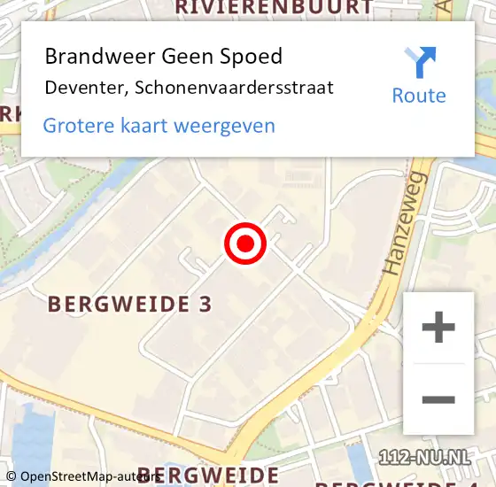 Locatie op kaart van de 112 melding: Brandweer Geen Spoed Naar Deventer, Schonenvaardersstraat op 11 mei 2024 18:30