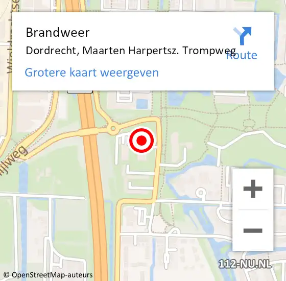 Locatie op kaart van de 112 melding: Brandweer Dordrecht, Maarten Harpertsz. Trompweg op 11 mei 2024 18:55