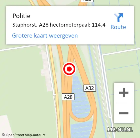 Locatie op kaart van de 112 melding: Politie Staphorst, A28 hectometerpaal: 114,4 op 11 mei 2024 20:34