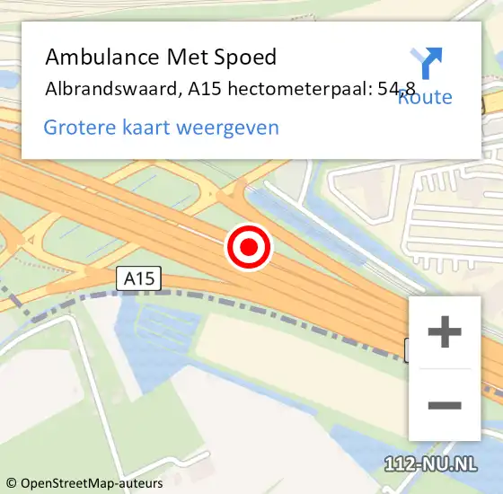 Locatie op kaart van de 112 melding: Ambulance Met Spoed Naar Albrandswaard, A15 hectometerpaal: 54,8 op 11 mei 2024 20:38