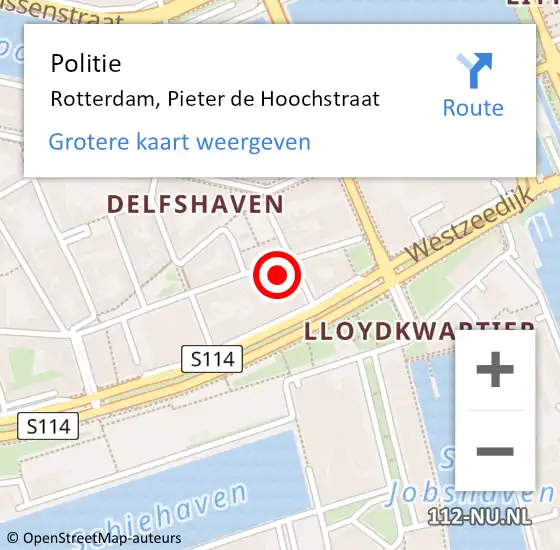 Locatie op kaart van de 112 melding: Politie Rotterdam, Pieter de Hoochstraat op 11 mei 2024 21:39