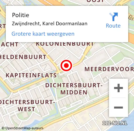 Locatie op kaart van de 112 melding: Politie Zwijndrecht, Karel Doormanlaan op 11 mei 2024 21:40