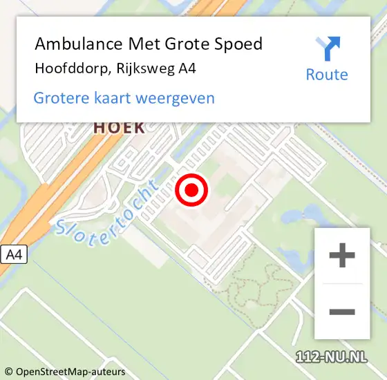 Locatie op kaart van de 112 melding: Ambulance Met Grote Spoed Naar Hoofddorp, Rijksweg A4 op 11 mei 2024 22:54