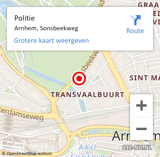 Locatie op kaart van de 112 melding: Politie Arnhem, Sonsbeekweg op 11 mei 2024 23:28