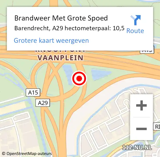 Locatie op kaart van de 112 melding: Brandweer Met Grote Spoed Naar Barendrecht, A29 hectometerpaal: 10,5 op 11 mei 2024 23:43