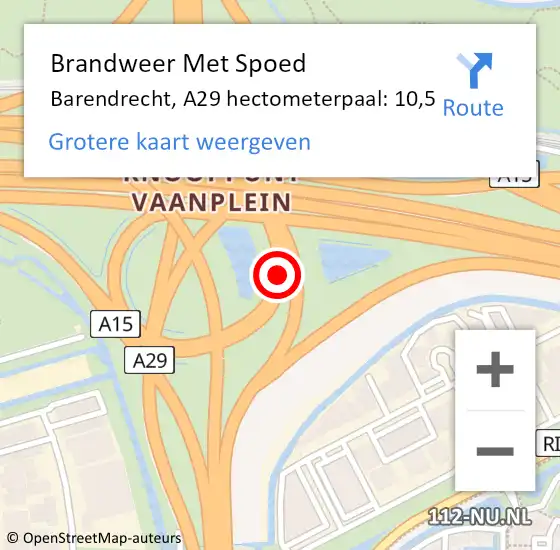 Locatie op kaart van de 112 melding: Brandweer Met Spoed Naar Barendrecht, A29 hectometerpaal: 10,5 op 11 mei 2024 23:59