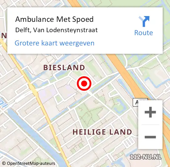 Locatie op kaart van de 112 melding: Ambulance Met Spoed Naar Delft, Van Lodensteynstraat op 12 mei 2024 00:46