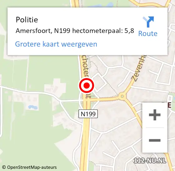 Locatie op kaart van de 112 melding: Politie Amersfoort, N199 hectometerpaal: 5,8 op 12 mei 2024 01:10