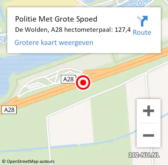 Locatie op kaart van de 112 melding: Politie Met Grote Spoed Naar De Wolden, A28 hectometerpaal: 127,4 op 12 mei 2024 01:21