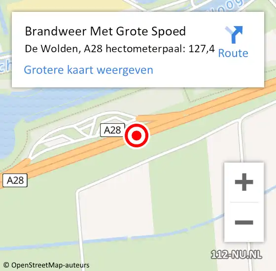 Locatie op kaart van de 112 melding: Brandweer Met Grote Spoed Naar De Wolden, A28 hectometerpaal: 127,4 op 12 mei 2024 01:22