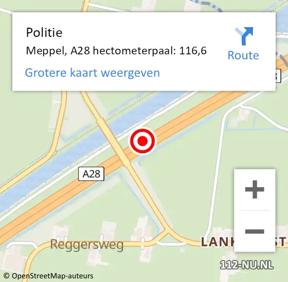 Locatie op kaart van de 112 melding: Politie Meppel, A28 hectometerpaal: 116,6 op 12 mei 2024 01:48