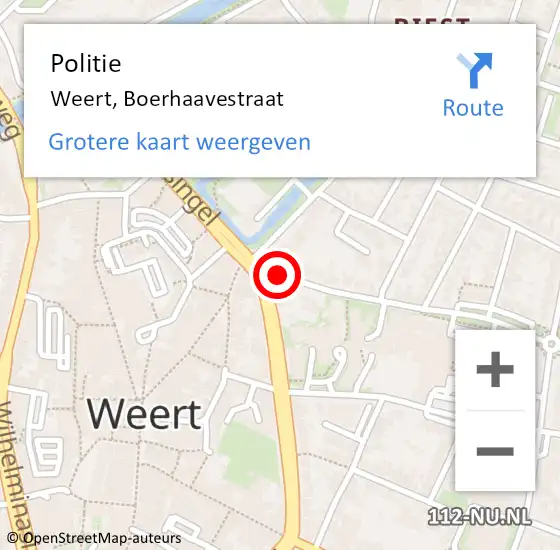 Locatie op kaart van de 112 melding: Politie Weert, Boerhaavestraat op 12 mei 2024 01:49