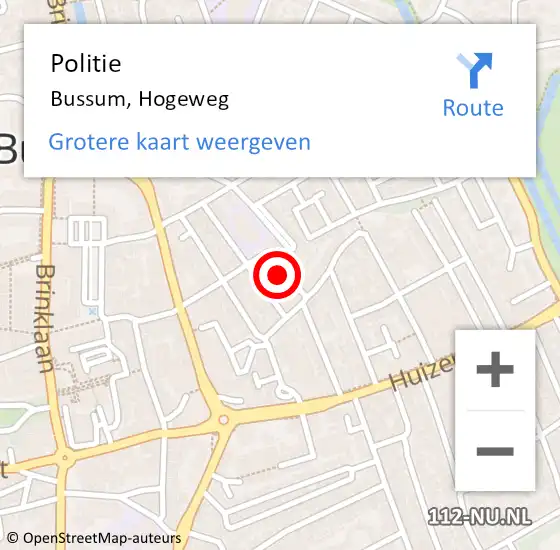 Locatie op kaart van de 112 melding: Politie Bussum, Hogeweg op 12 mei 2024 03:24