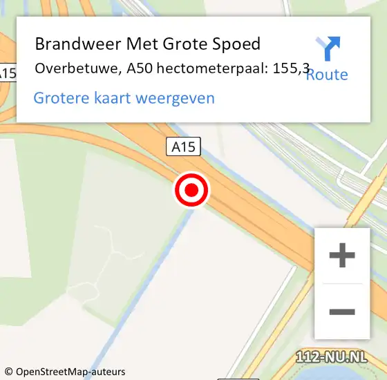 Locatie op kaart van de 112 melding: Brandweer Met Grote Spoed Naar Overbetuwe, A50 hectometerpaal: 155,3 op 12 mei 2024 06:06