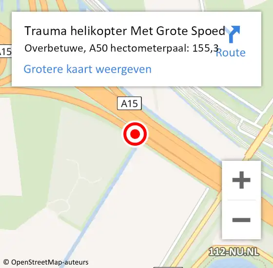 Locatie op kaart van de 112 melding: Trauma helikopter Met Grote Spoed Naar Overbetuwe, A50 hectometerpaal: 155,3 op 12 mei 2024 06:13