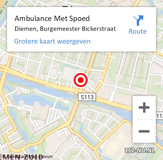 Locatie op kaart van de 112 melding: Ambulance Met Spoed Naar Diemen, Burgemeester Bickerstraat op 12 mei 2024 08:55