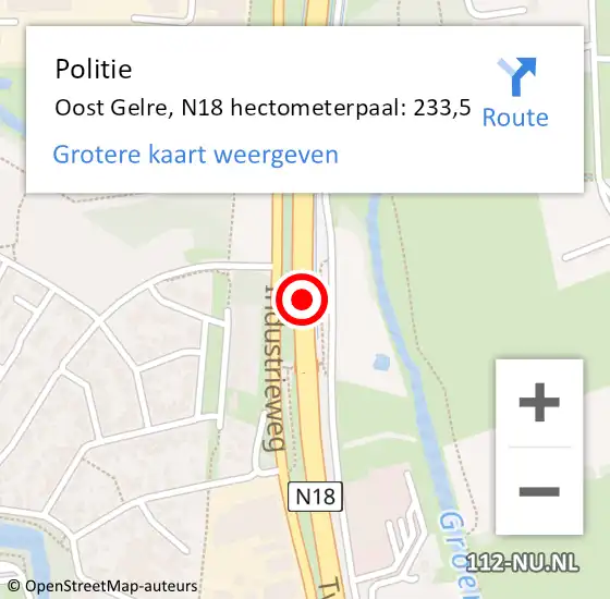 Locatie op kaart van de 112 melding: Politie Oost Gelre, N18 hectometerpaal: 233,5 op 12 mei 2024 09:22