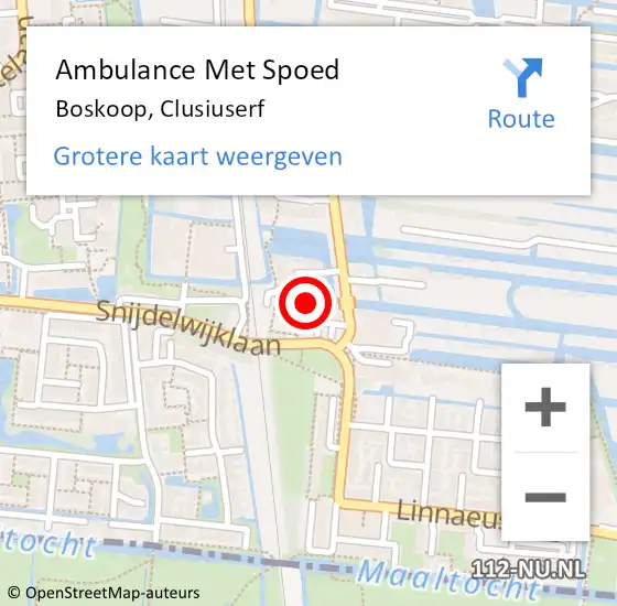 Locatie op kaart van de 112 melding: Ambulance Met Spoed Naar Boskoop, Clusiuserf op 12 mei 2024 09:39