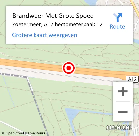 Locatie op kaart van de 112 melding: Brandweer Met Grote Spoed Naar Zoetermeer, A12 hectometerpaal: 12 op 12 mei 2024 09:40