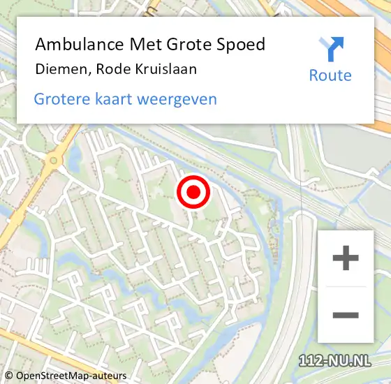 Locatie op kaart van de 112 melding: Ambulance Met Grote Spoed Naar Diemen, Rode Kruislaan op 12 mei 2024 10:20