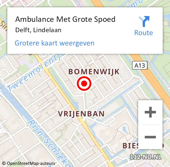 Locatie op kaart van de 112 melding: Ambulance Met Grote Spoed Naar Delft, Lindelaan op 12 mei 2024 10:47