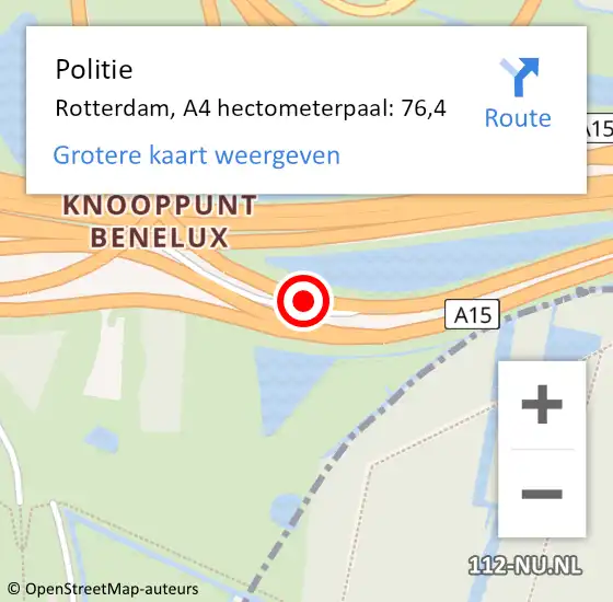 Locatie op kaart van de 112 melding: Politie Rotterdam, A4 hectometerpaal: 76,4 op 12 mei 2024 11:01