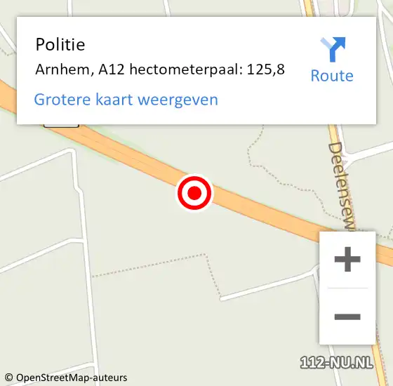 Locatie op kaart van de 112 melding: Politie Arnhem, A12 hectometerpaal: 125,8 op 12 mei 2024 11:15