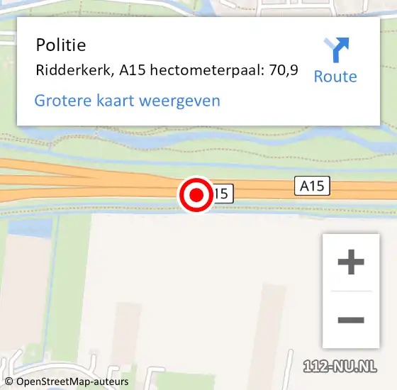 Locatie op kaart van de 112 melding: Politie Ridderkerk, A15 hectometerpaal: 70,9 op 12 mei 2024 11:19