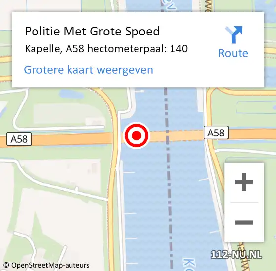 Locatie op kaart van de 112 melding: Politie Met Grote Spoed Naar Kapelle, A58 hectometerpaal: 140 op 12 mei 2024 11:30