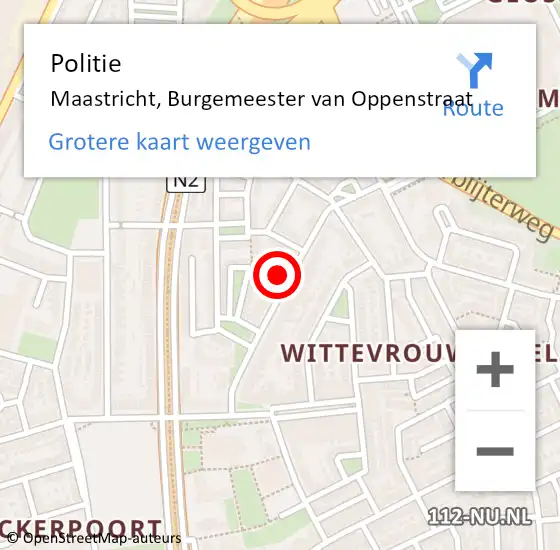 Locatie op kaart van de 112 melding: Politie Maastricht, Burgemeester van Oppenstraat op 12 mei 2024 13:07
