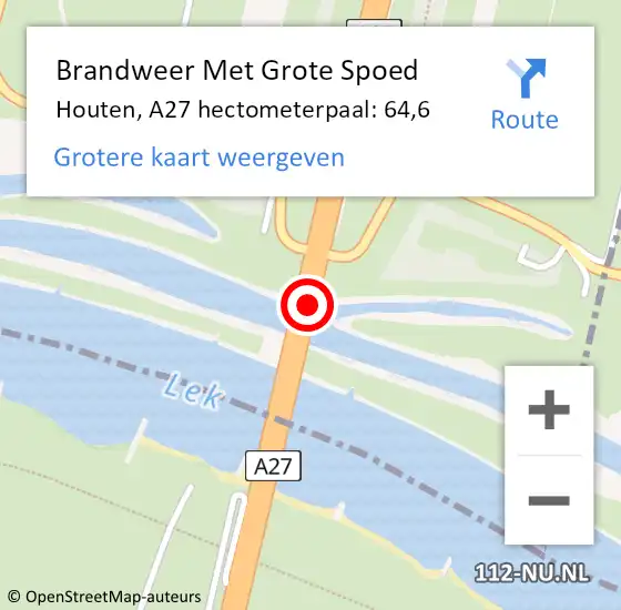 Locatie op kaart van de 112 melding: Brandweer Met Grote Spoed Naar Houten, A27 hectometerpaal: 64,6 op 12 mei 2024 13:09