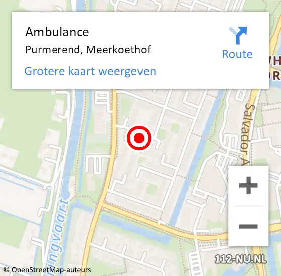 Locatie op kaart van de 112 melding: Ambulance Purmerend, Meerkoethof op 12 mei 2024 13:15