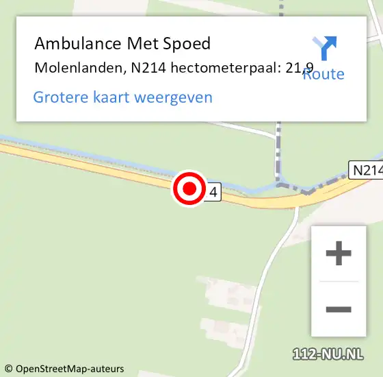 Locatie op kaart van de 112 melding: Ambulance Met Spoed Naar Molenlanden, N214 hectometerpaal: 21,9 op 12 mei 2024 14:07