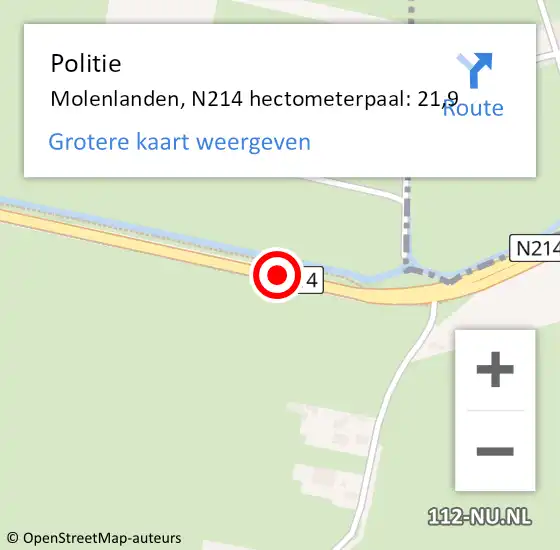 Locatie op kaart van de 112 melding: Politie Molenlanden, N214 hectometerpaal: 21,9 op 12 mei 2024 14:08