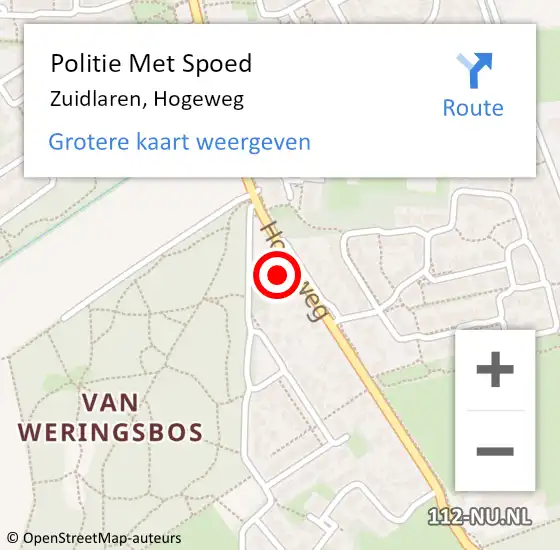 Locatie op kaart van de 112 melding: Politie Met Spoed Naar Zuidlaren, Hogeweg op 12 mei 2024 14:08