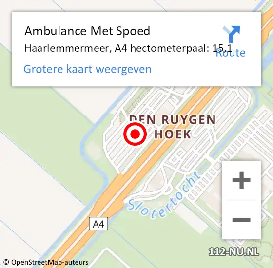 Locatie op kaart van de 112 melding: Ambulance Met Spoed Naar Haarlemmermeer, A4 hectometerpaal: 15,1 op 12 mei 2024 14:46