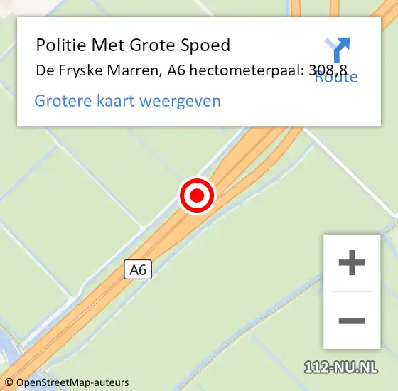 Locatie op kaart van de 112 melding: Politie Met Grote Spoed Naar De Fryske Marren, A6 hectometerpaal: 308,8 op 12 mei 2024 15:18