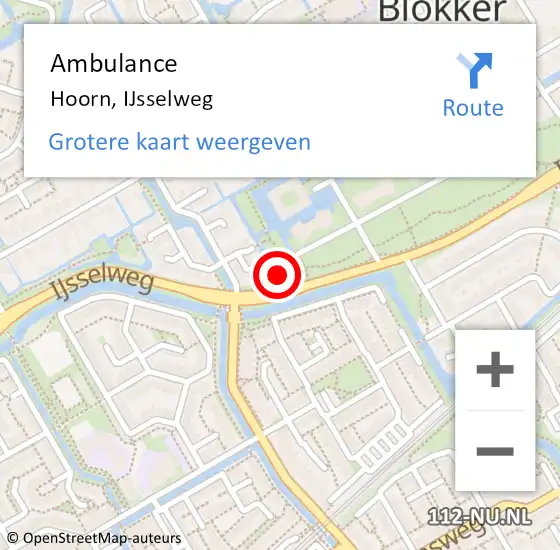 Locatie op kaart van de 112 melding: Ambulance Hoorn, IJsselweg op 12 mei 2024 15:28