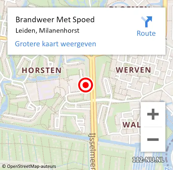 Locatie op kaart van de 112 melding: Brandweer Met Spoed Naar Leiden, Milanenhorst op 12 mei 2024 16:33