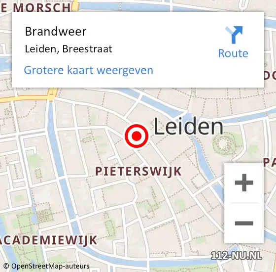 Locatie op kaart van de 112 melding: Brandweer Leiden, Breestraat op 12 mei 2024 16:52
