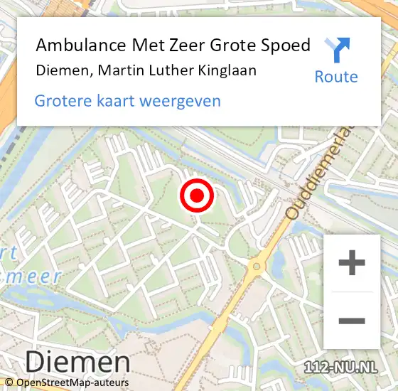 Locatie op kaart van de 112 melding: Ambulance Met Zeer Grote Spoed Naar Diemen, Martin Luther Kinglaan op 12 mei 2024 18:07