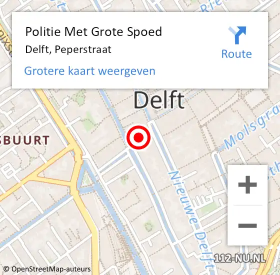 Locatie op kaart van de 112 melding: Politie Met Grote Spoed Naar Delft, Peperstraat op 12 mei 2024 19:35