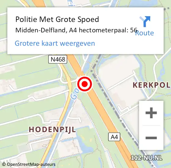 Locatie op kaart van de 112 melding: Politie Met Grote Spoed Naar Midden-Delfland, A4 hectometerpaal: 56 op 12 mei 2024 19:38