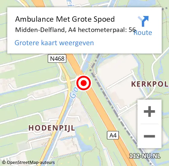 Locatie op kaart van de 112 melding: Ambulance Met Grote Spoed Naar Midden-Delfland, A4 hectometerpaal: 56 op 12 mei 2024 19:46