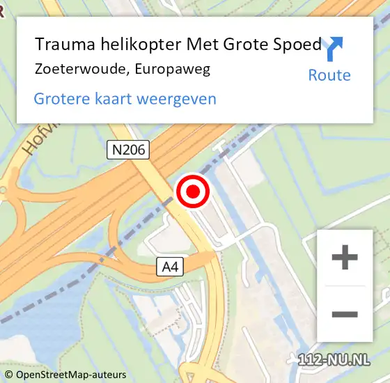 Locatie op kaart van de 112 melding: Trauma helikopter Met Grote Spoed Naar Zoeterwoude, Europaweg op 12 mei 2024 19:46