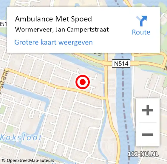 Locatie op kaart van de 112 melding: Ambulance Met Spoed Naar Wormerveer, Jan Campertstraat op 12 mei 2024 20:03