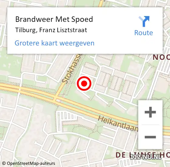 Locatie op kaart van de 112 melding: Brandweer Met Spoed Naar Tilburg, Franz Lisztstraat op 12 mei 2024 20:18