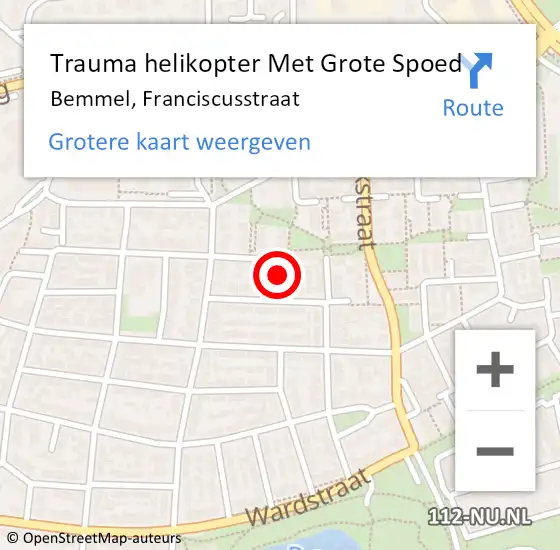 Locatie op kaart van de 112 melding: Trauma helikopter Met Grote Spoed Naar Bemmel, Franciscusstraat op 12 mei 2024 20:35