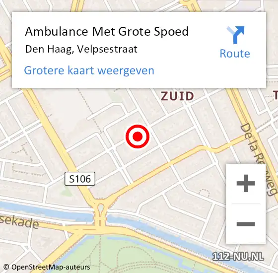 Locatie op kaart van de 112 melding: Ambulance Met Grote Spoed Naar Den Haag, Velpsestraat op 12 mei 2024 20:50